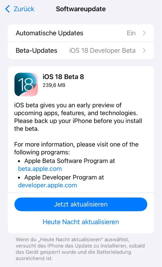 青原苹果手机维修分享苹果 iOS / iPadOS 18 开发者预览版 Beta 8 发布 